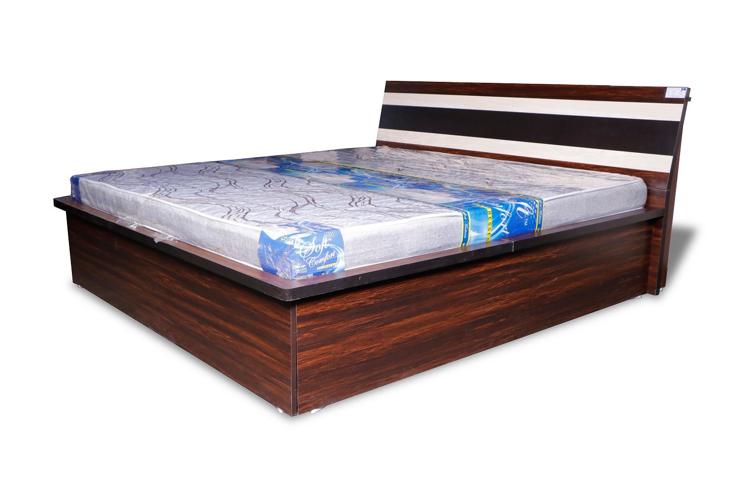 King Size Bed with Hydraulic Storage in Dark Brown & White Oak Colour